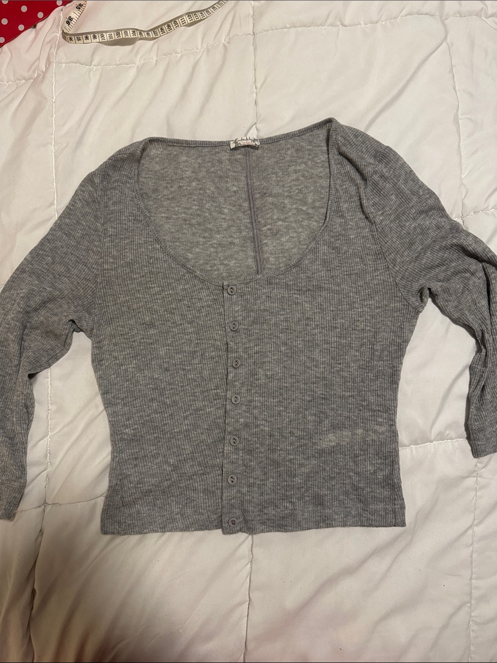 Free People Grey Ribbed Button-Front Scoop Neck Top